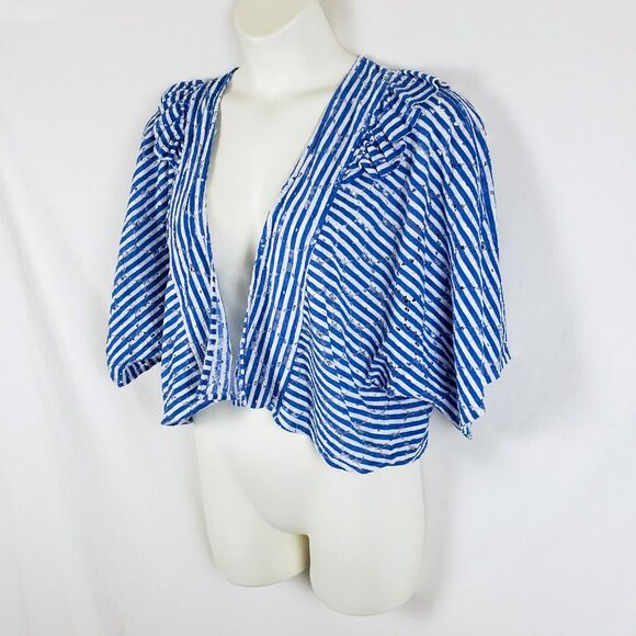 By Anthropologie Nautical Eyelet Shrug Cardigan Womens OS Blue Striped Boxy - Picture 5 of 9